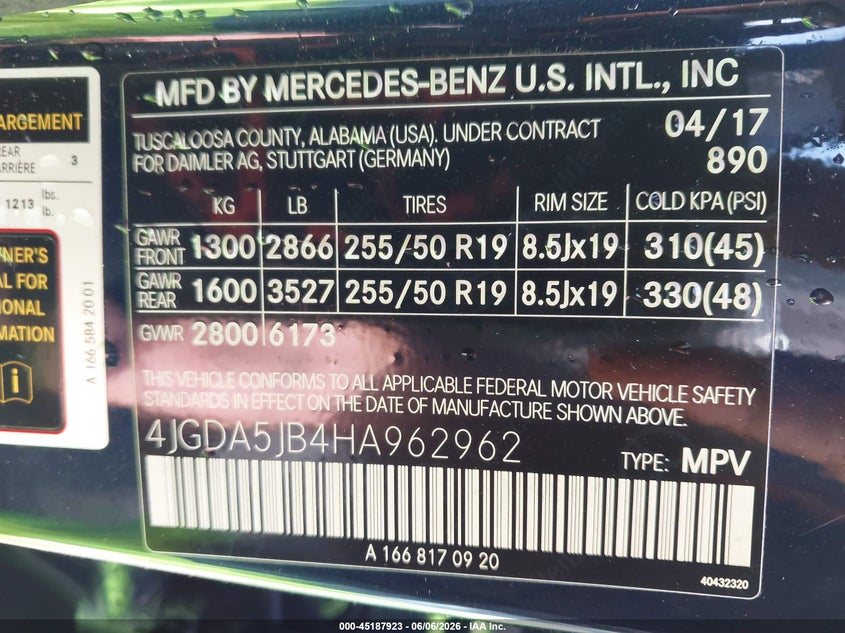 2017 Mercedes-benz Gle VIN 4JGDA5JB4HA962962 IAAI salvage auction — FRONT END, Original (Texas), sold $8,000 on 2026-07-22 (photo 9)
