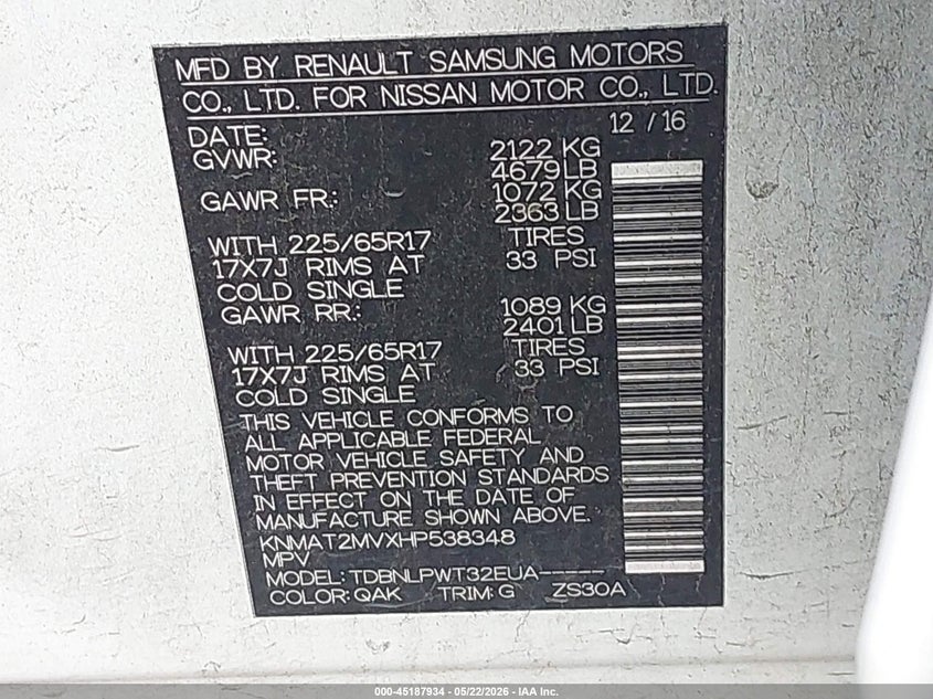 2017 Nissan Rogue VIN KNMAT2MVXHP538348 IAAI salvage auction — RIGHT FRONT, Original (Texas), sold $3,150 on 2026-07-17 (photo 9)