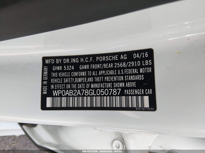 2016 Porsche Panamera VIN WP0AB2A78GL050787 IAAI salvage auction — LEFT REAR, Salvage Title, sold $9,400 on 2026-07-28 (photo 9)