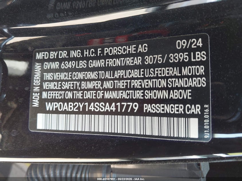 2025 Porsche Taycan VIN WP0AB2Y14SSA41779 IAAI salvage auction — REAR END, Salvage (California), sold $47,150 on 2026-08-17 (photo 9)