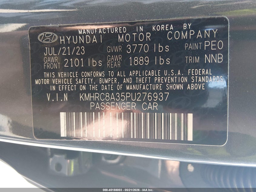 2023 Hyundai Venue VIN KMHRC8A35PU276937 IAAI salvage auction — RIGHT SIDE, Salvage (North Carolina), sold $6,500 on 2026-07-15 (photo 9)