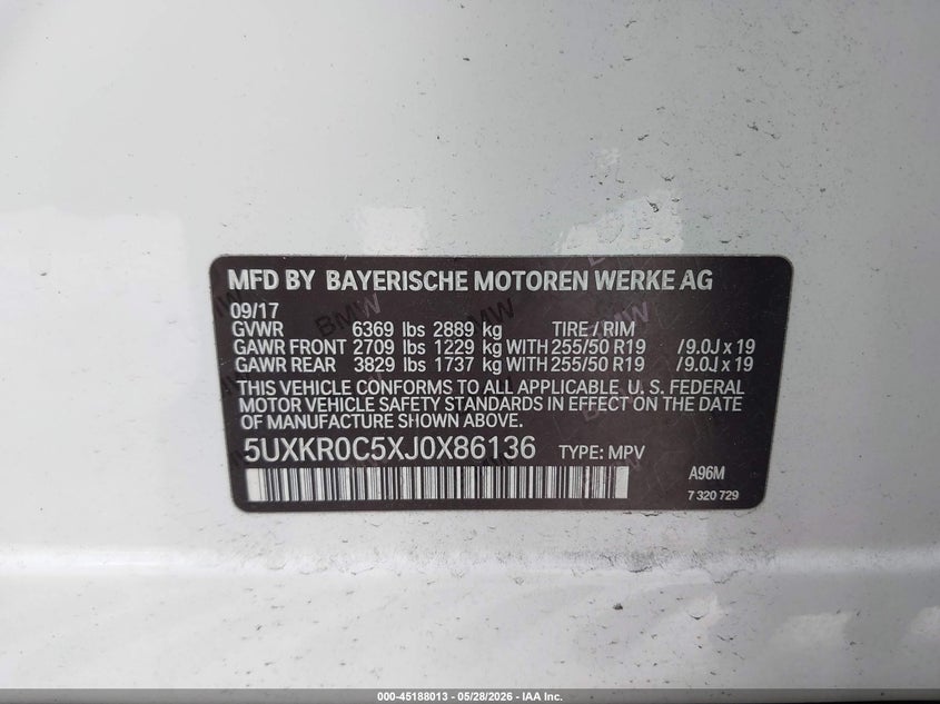 2018 BMW X5 VIN 5UXKR0C5XJ0X86136 IAAI salvage auction — FRONT END, Salvage Title, sold $2,650 on 2026-07-29 (photo 9)