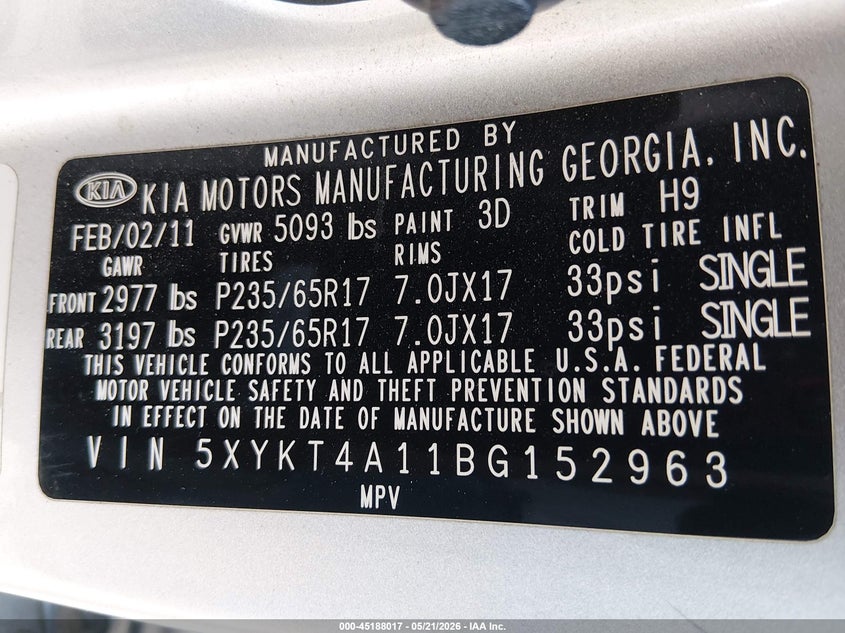 2011 Kia Sorento VIN 5XYKT4A11BG152963 IAAI salvage auction — NORMAL WEAR, Clear (Montana), sold $850 on 2026-07-10 (photo 9)