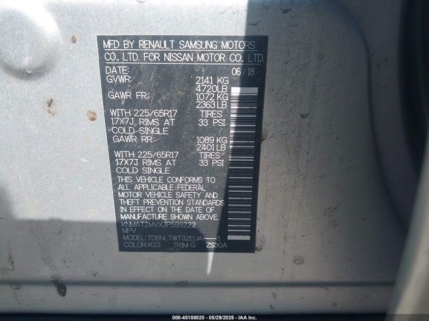 2018 Nissan Rogue VIN KNMAT2MVXJP599222 IAAI salvage auction — NORMAL WEAR, Clear (Delaware), sold $3,675 on 2026-07-27 (photo 9)