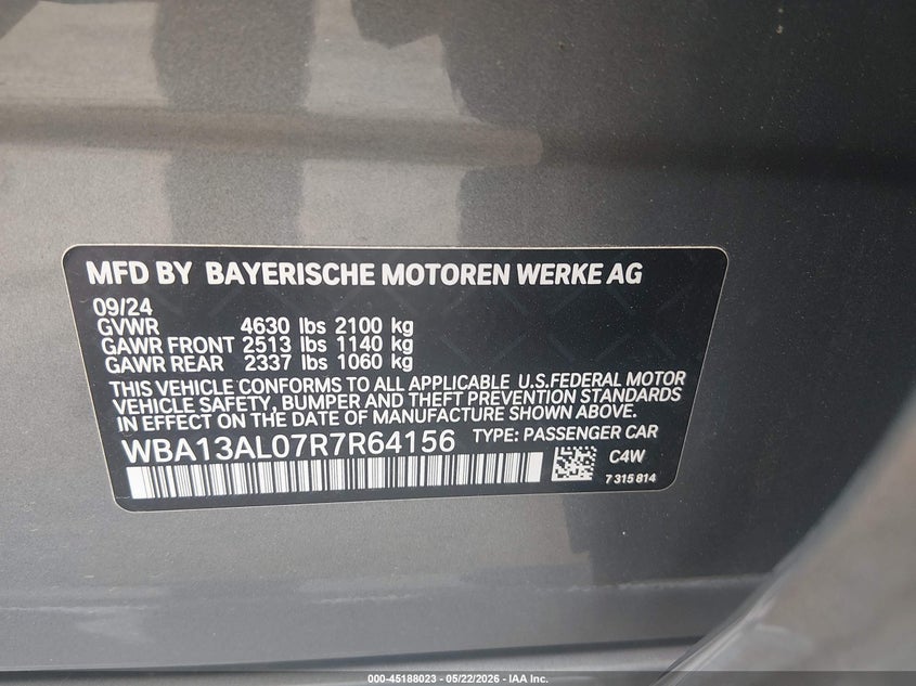 2024 BMW VIN WBA13AL07R7R64156 IAAI salvage auction — FRONT END, Salvage (Idaho), sold $5,700 on 2026-07-30 (photo 9)