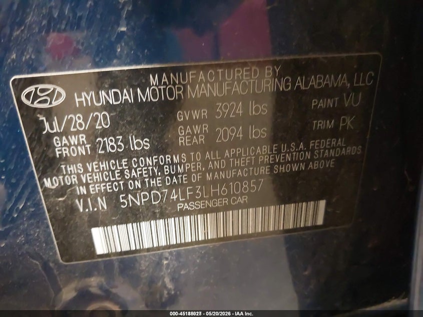 2020 Hyundai Elantra VIN 5NPD74LF3LH610857 IAAI salvage auction — NORMAL WEAR, SF97 (South Dakota), sold $8,025 on 2026-07-09 (photo 9)