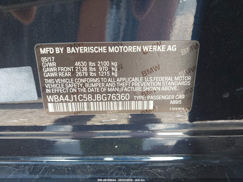 2018 BMW 4er VIN WBA4J1C58JBG76360 IAAI salvage auction — LEFT FRONT, Salvage (Texas), sold $1,000 on 2026-07-09 (photo 9)