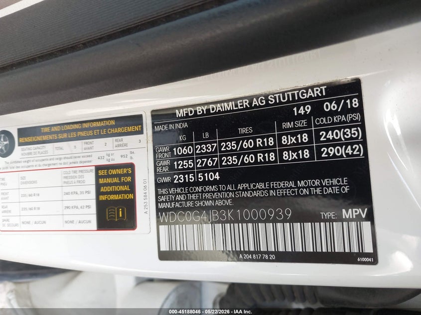 2019 Mercedes-benz Glc VIN WDC0G4JB3K1000939 IAAI salvage auction — FRONT END, Salvage (Texas), sold $6,100 on 2026-07-28 (photo 9)