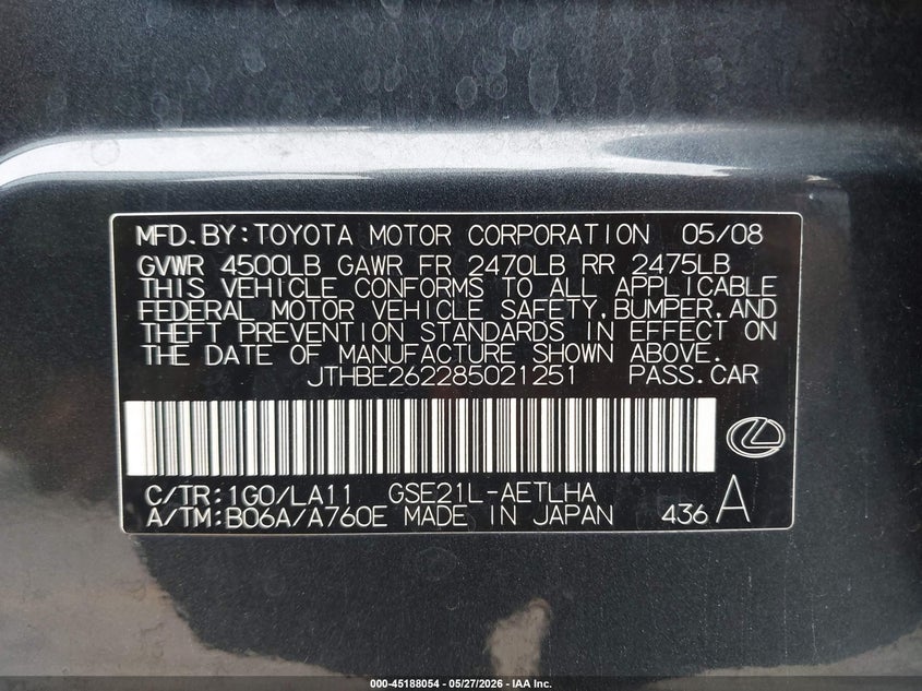 2008 Lexus Is VIN JTHBE262285021251 IAAI salvage auction — UNDERCARRIAGE, Salvage (Texas), sold $2,050 on 2026-07-28 (photo 9)