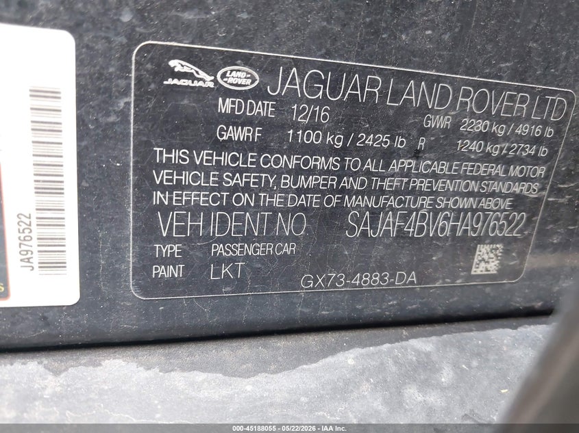 2017 Jaguar Xe VIN SAJAF4BV6HA976522 IAAI salvage auction — HAIL, Salvage Title, sold $5,000 on 2026-09-23 (photo 9)