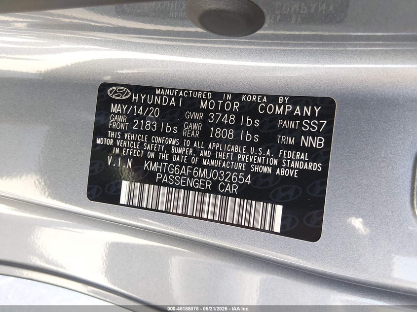 2021 Hyundai Veloster VIN KMHTG6AF6MU032654 IAAI salvage auction — LEFT SIDE, Certificate Of Destruction (Florida), sold $1,250 on 2026-07-29 (photo 9)