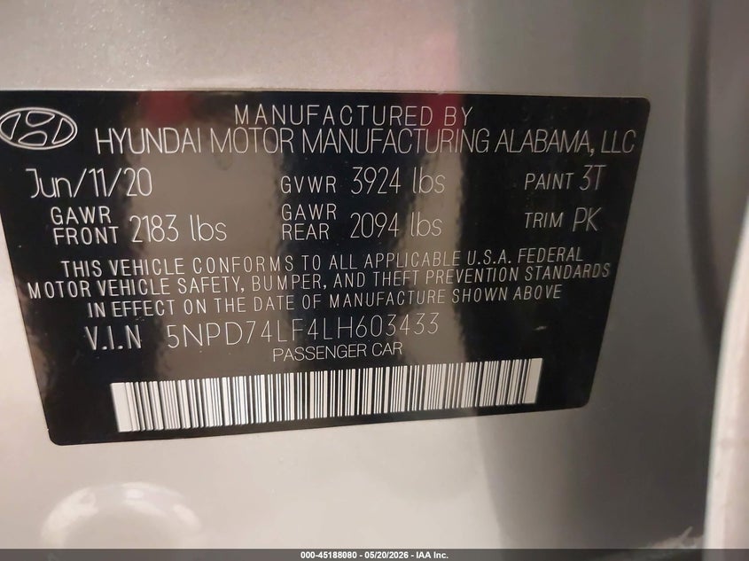 2020 Hyundai Elantra VIN 5NPD74LF4LH603433 IAAI salvage auction — NORMAL WEAR, SF97 (South Dakota), sold $8,575 on 2026-07-09 (photo 9)