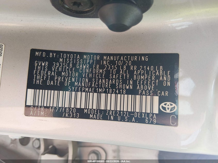 2021 Toyota Corolla VIN 5YFEPMAE1MP182418 IAAI salvage auction — FRONT END, Salvage (Arkansas), sold $4,100 on 2026-07-23 (photo 9)