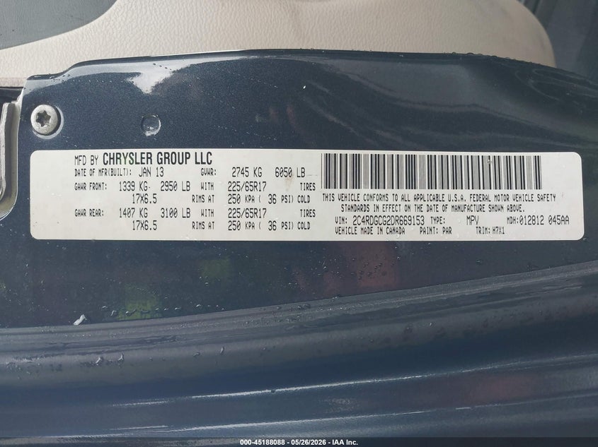 2013 Dodge Caravan VIN 2C4RDGCG2DR669153 IAAI salvage auction — REAR END, Salvage (North Carolina), sold $600 on 2026-07-08 (photo 9)