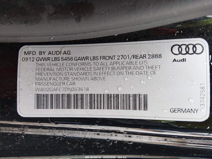 2013 Audi A7 VIN WAU2GAFC7DN053618 IAAI salvage auction — FRONT & REAR, Salvage (Alabama), sold $3,850 on 2026-07-13 (photo 9)