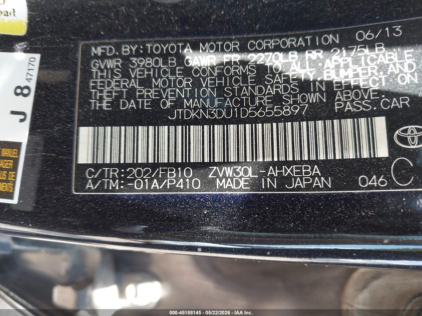 2013 Toyota Prius VIN JTDKN3DU1D5655897 IAAI salvage auction — LEFT FRONT, Original (Texas), sold $1,075 on 2026-07-15 (photo 9)