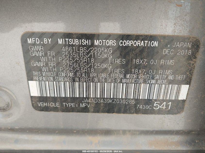 2019 Mitsubishi Outlander VIN JA4AD3A39KZ030285 IAAI salvage auction — FRONT END, Salvage Title, sold $1,900 on 2026-07-11 (photo 9)