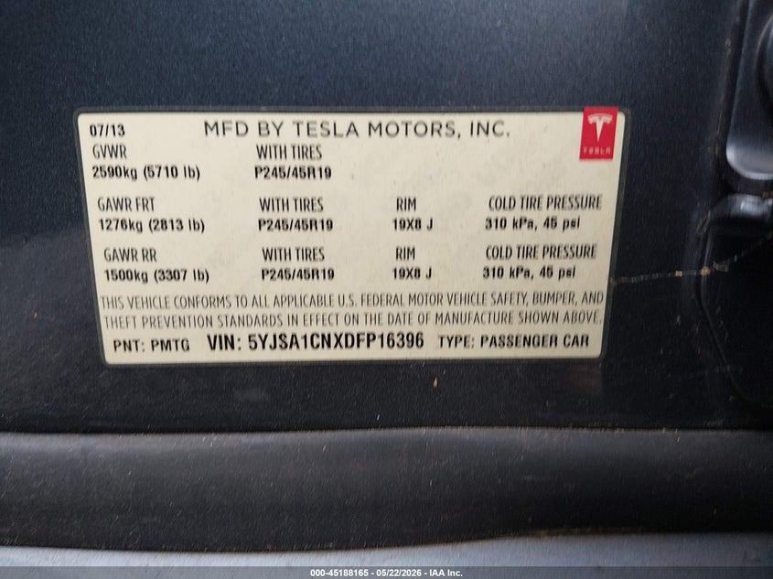 2013 Tesla Model s VIN 5YJSA1CNXDFP16396 IAAI salvage auction — INTERIOR BURN, Salvage (South Carolina), sold $550 on 2026-07-09 (photo 8)