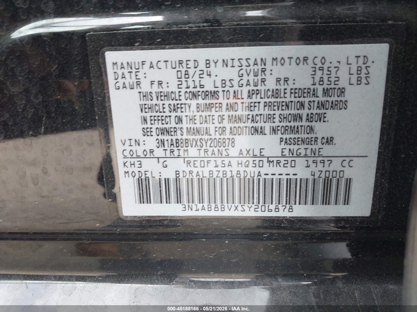 2025 Nissan Sentra VIN 3N1AB8BVXSY206878 IAAI salvage auction — LEFT FRONT, Salvage (Georgia), sold $3,800 on 2026-08-24 (photo 9)