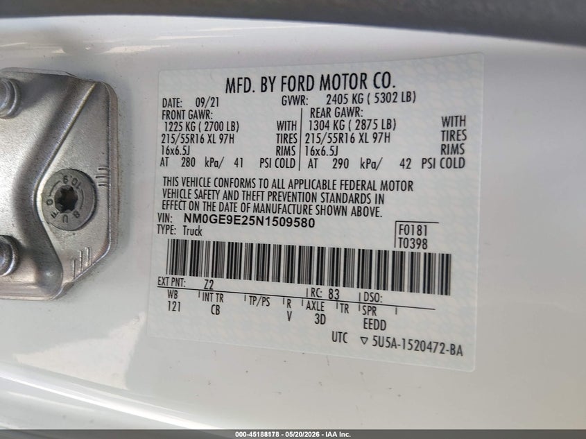2022 Ford Transit connect VIN NM0GE9E25N1509580 IAAI salvage auction — NORMAL WEAR, SF97 (California), sold $12,075 on 2026-07-30 (photo 9)