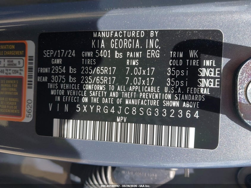 2025 Kia Sorento VIN 5XYRG4JC8SG332364 IAAI salvage auction — REAR END, Salvage (Rhode Island), sold $8,100 on 2026-07-28 (photo 9)