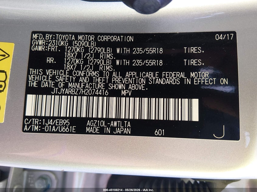 2017 Lexus Nx VIN JTJYARBZ7H2074416 IAAI salvage auction — FRONT END, Salvage Title, sold $7,200 on 2026-07-13 (photo 9)