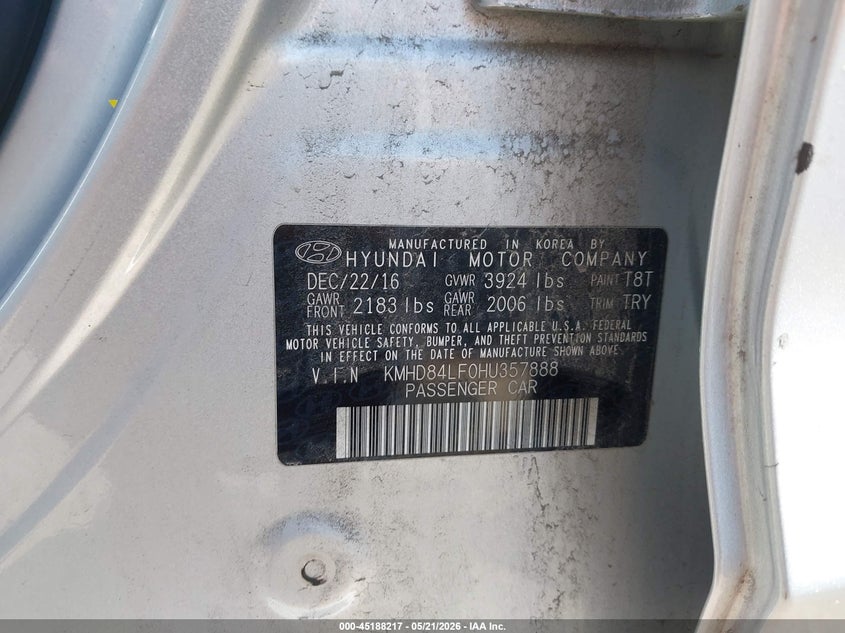 2017 Hyundai Elantra VIN KMHD84LF0HU357888 IAAI salvage auction — REAR END, Clear (Michigan), sold $3,250 on 2026-07-20 (photo 9)
