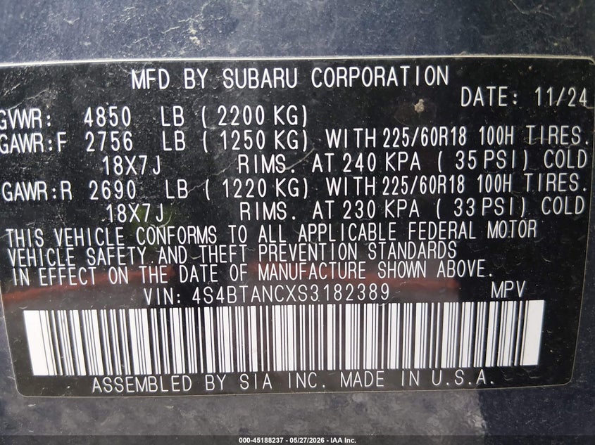 2025 Subaru Outback VIN 4S4BTANCXS3182389 IAAI salvage auction — HAIL, Clear (Oklahoma), sold $15,100 on 2026-08-01 (photo 9)