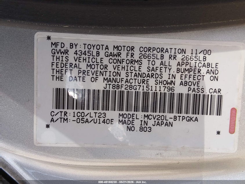 2001 Lexus Es 300 VIN JT8BF28G715111796 IAAI salvage auction — RIGHT FRONT, Bill Of Sale (Washington), sold $275 on 2026-07-08 (photo 9)