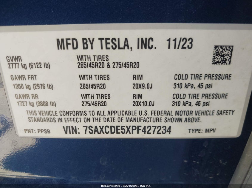 2023 Tesla Model x VIN 7SAXCDE5XPF427234 IAAI salvage auction — RIGHT SIDE, Salvage (California), sold $23,900 on 2026-07-15 (photo 9)