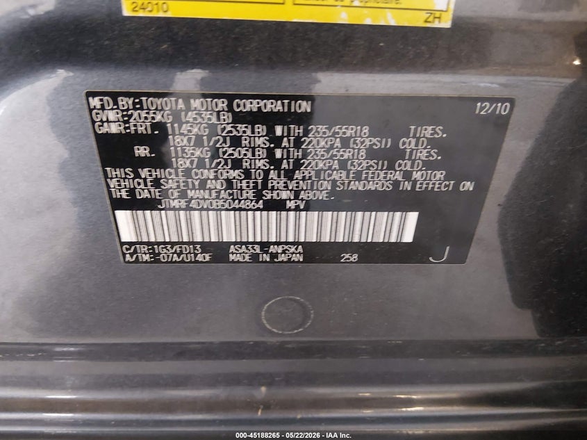 2011 Toyota Rav 4 VIN JTMRF4DV0B5044864 IAAI salvage auction — FRONT END, Clear (Tennessee), sold $1,050 on 2026-07-13 (photo 9)