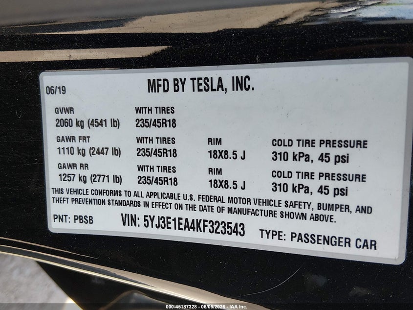 2019 Tesla Model 3 VIN 5YJ3E1EA4KF323543 IAAI salvage auction — REAR END, Salvage (New Jersey), sold $6,200 on 2026-08-29 (photo 9)