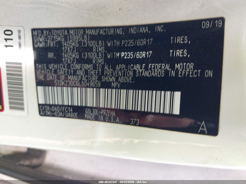 2020 Toyota Sienna VIN 5TDKZ3DC6LS049659 IAAI salvage auction — FRONT END, Mv-907A (New York), sold $4,450 on 2026-07-14 (photo 9)