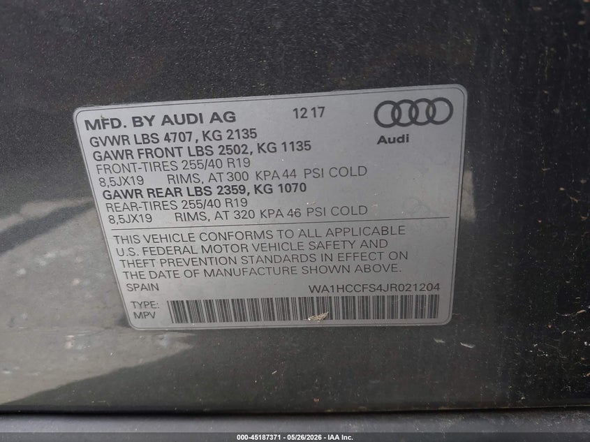 2018 Audi Q3 VIN WA1HCCFS4JR021204 IAAI salvage auction — FRONT END, Salvage Title, sold $4,600 on 2026-07-14 (photo 9)