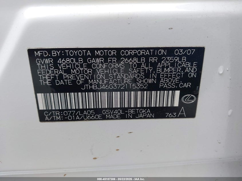 2007 Lexus ES VIN JTHBJ46G372115352 IAAI salvage auction — FRONT END, Salvage (Georgia), sold $1,500 on 2026-07-18 (photo 9)
