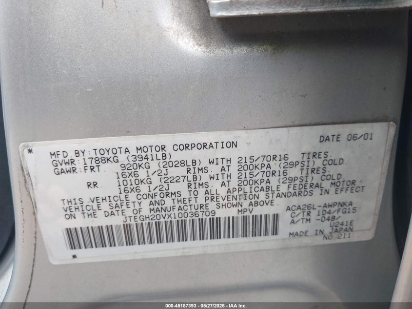2001 Toyota Rav 4 VIN JTEGH20VX10036709 IAAI salvage auction — FRONT END, Salvage (Ohio), sold $675 on 2026-07-28 (photo 9)