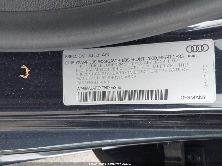 2016 Audi A7 VIN WAUWGAFCXGN005259 IAAI salvage auction — RIGHT FRONT, Salvage Title, sold $3,500 on 2026-07-09 (photo 9)