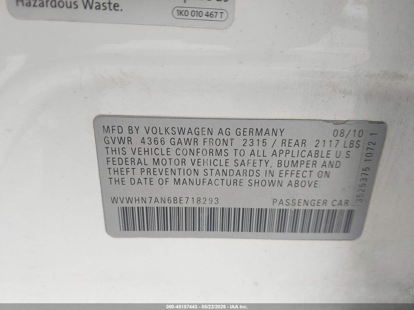 2011 Volkswagen Passat cc VIN WVWHN7AN6BE718293 IAAI salvage auction — NORMAL WEAR, Original (Ohio), sold $800 on 2026-07-07 (photo 9)