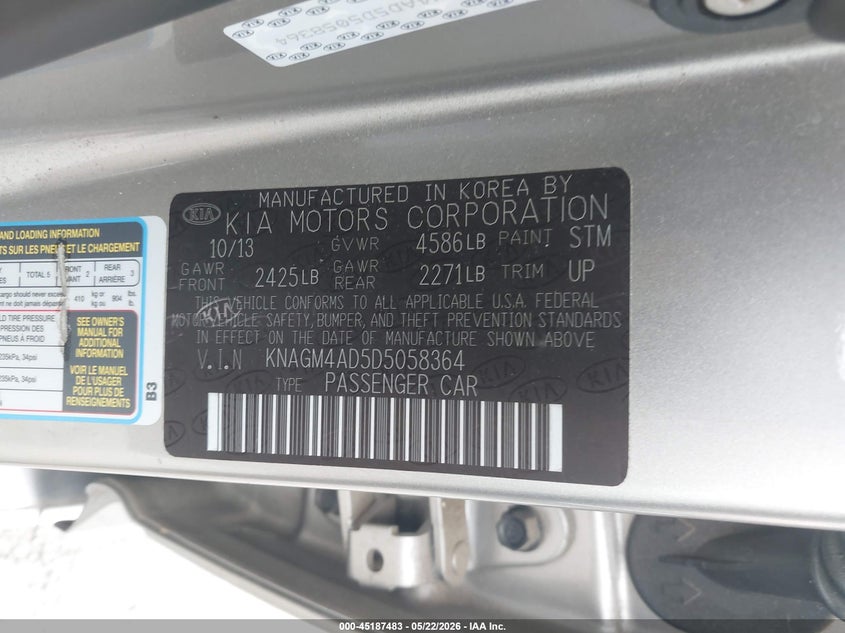 2013 Kia Optima VIN KNAGM4AD5D5058364 IAAI salvage auction — FRONT END, Salvage (Georgia), sold $275 on 2026-07-28 (photo 9)