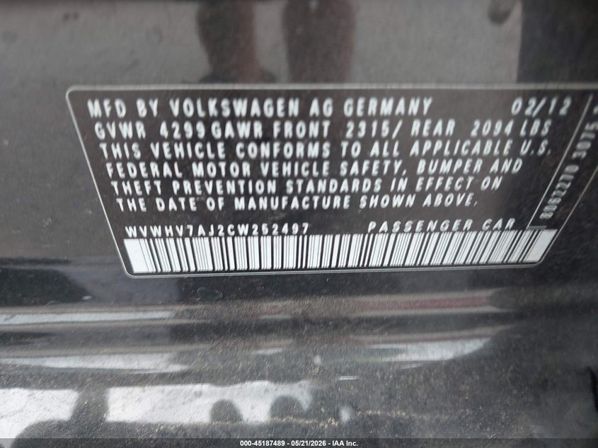 2012 Volkswagen Gti VIN WVWHV7AJ2CW252497 IAAI salvage auction — FRONT END, Salvage Title, sold $1,450 on 2026-08-19 (photo 9)