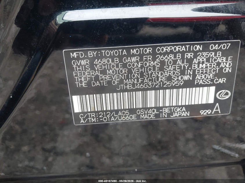 2007 Lexus Es 350 VIN JTHBJ46G372125959 IAAI salvage auction — FRONT END, Salvage (Georgia), sold $800 on 2026-07-08 (photo 9)