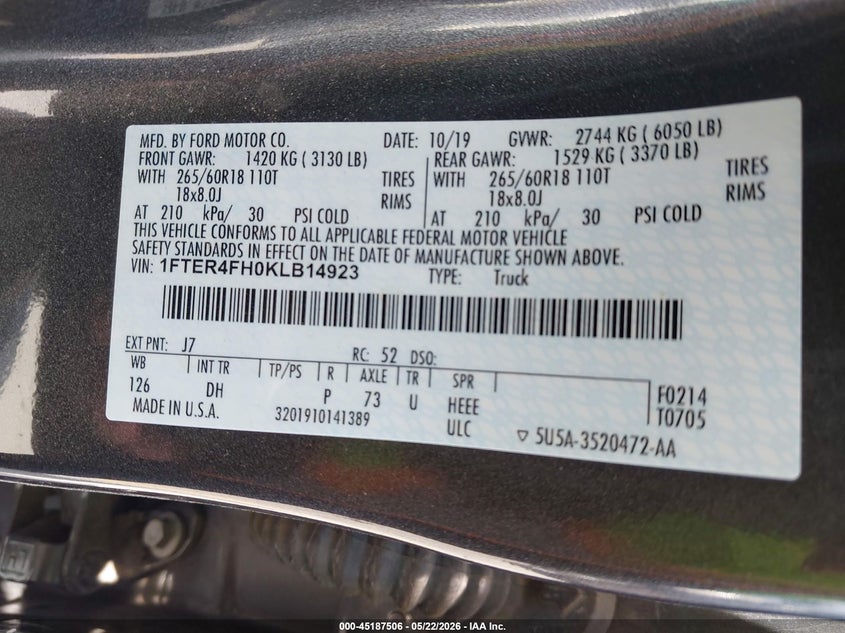 2019 Ford Ranger VIN 1FTER4FH0KLB14923 IAAI salvage auction — FRONT END, Original (Texas), sold $8,350 on 2026-07-30 (photo 9)