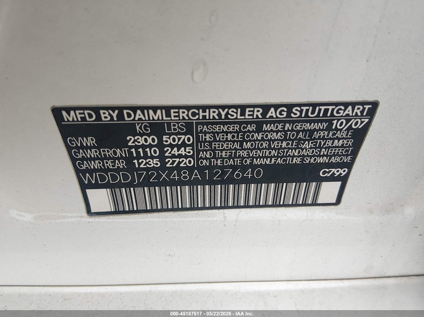 2008 Mercedes-benz Cls-klasse VIN WDDDJ72X48A127640 IAAI salvage auction — FRONT END, Clear (Tennessee), sold $1,200 on 2026-08-13 (photo 9)