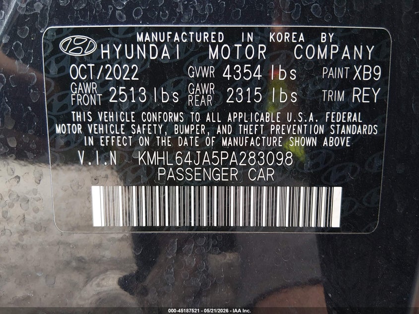 2023 Hyundai Sonata VIN KMHL64JA5PA283098 IAAI salvage auction — FRONT END, Mv-907A (New York), sold $3,575 on 2026-07-07 (photo 9)