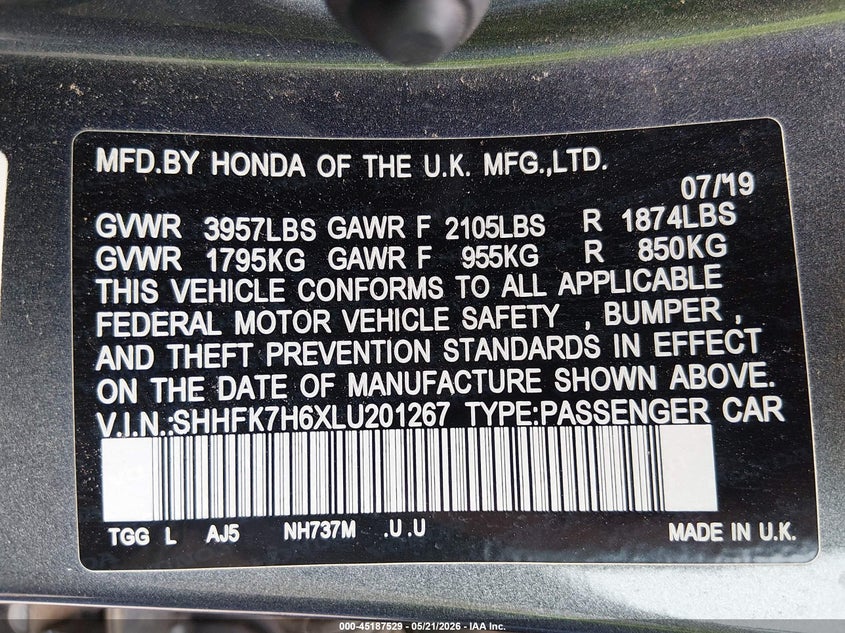 2020 Honda Civic VIN SHHFK7H6XLU201267 IAAI salvage auction — LEFT REAR, Original (Texas), sold $125 on 2026-07-21 (photo 9)