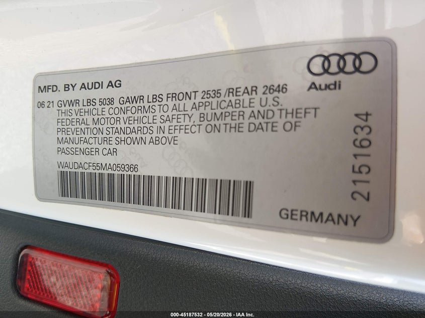 2021 Audi VIN WAUDACF55MA059366 IAAI salvage auction — RIGHT SIDE, Clear (Illinois), sold $7,800 on 2026-07-09 (photo 9)