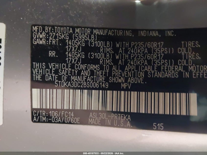 2011 Toyota Sienna VIN 5TDKA3DC2BS006149 IAAI salvage auction — FRONT END, Prior Salvage (Minnesota), sold $825 on 2026-07-22 (photo 9)