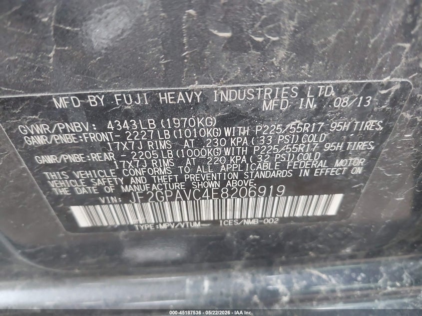 2014 Subaru Xv crosstrek VIN JF2GPAVC4E8206919 IAAI salvage auction — LEFT FRONT, Salvage (Indiana), sold $500 on 2026-07-08 (photo 9)