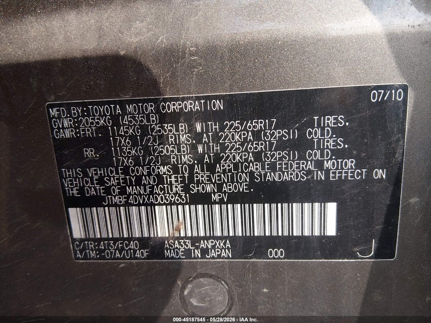2010 Toyota Rav 4 VIN JTMBF4DVXAD039631 IAAI salvage auction — FRONT END, Salvage (Ohio), sold $1,650 on 2026-07-29 (photo 9)