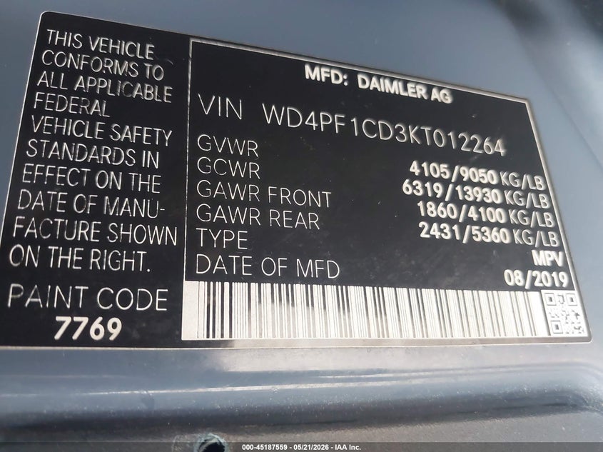 2019 Mercedes-benz Sprinter VIN WD4PF1CD3KT012264 IAAI salvage auction — SIDE, Salvage (Texas), sold $5,600 on 2026-07-09 (photo 9)